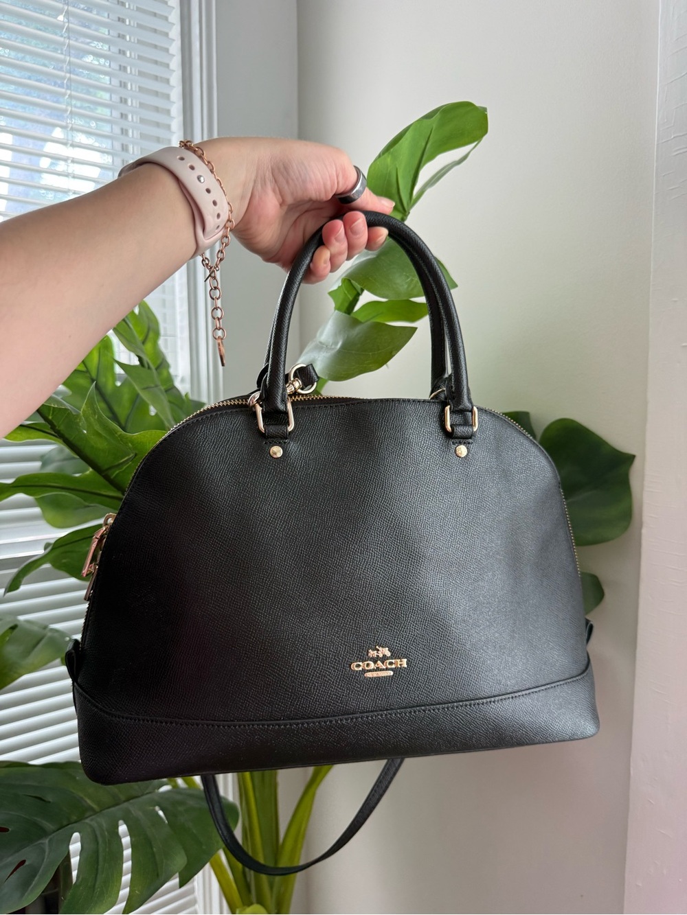 Coach Black Leather Dome Satchel with Gold Hardware